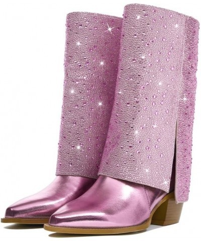 Rhinestone Mid-Calf Boots Foldable Pointed Toes Chunky Heel Metallic Cowboys For Women Fashion Party Wedding Boots Pink $38.4...