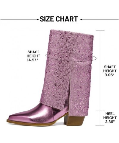 Rhinestone Mid-Calf Boots Foldable Pointed Toes Chunky Heel Metallic Cowboys For Women Fashion Party Wedding Boots Pink $38.4...