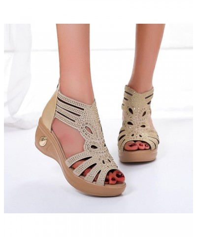 sparkly sandals for women Womens Sandals Rhinestone Hollow Peep Toe Small Wedge Zipper Roman Shoes Z 04-beige $13.07 Sandals