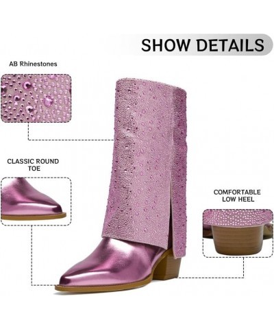 Rhinestone Mid-Calf Boots Foldable Pointed Toes Chunky Heel Metallic Cowboys For Women Fashion Party Wedding Boots Pink $38.4...