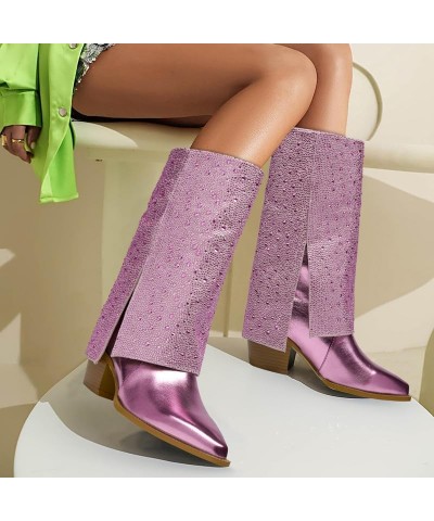 Rhinestone Mid-Calf Boots Foldable Pointed Toes Chunky Heel Metallic Cowboys For Women Fashion Party Wedding Boots Pink $38.4...