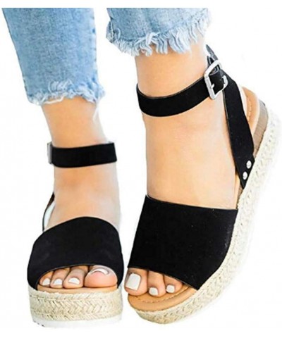 High Heel Sandals for Women Elastic Ankle Straps High Chunky Wedge Sandal Mules Flats Open Toe Comfort Shoes 41-htrns-6-black...