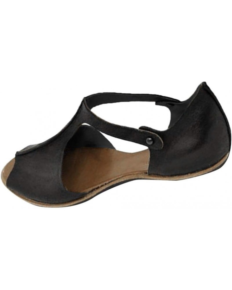 beach wedding sandal, Womens Plus Size Leather Solid Color Buckle Flat Hollow Sandals 02 Black $11.53 Sandals