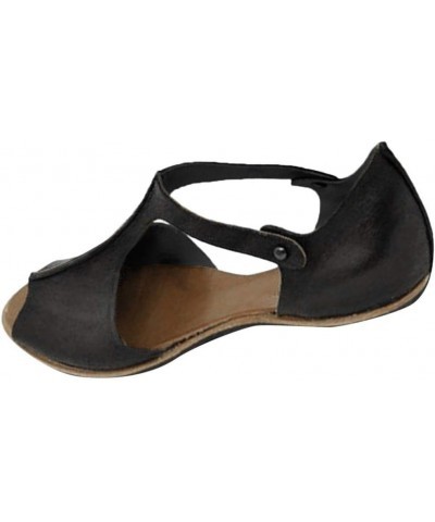 beach wedding sandal, Womens Plus Size Leather Solid Color Buckle Flat Hollow Sandals 02 Black $11.53 Sandals