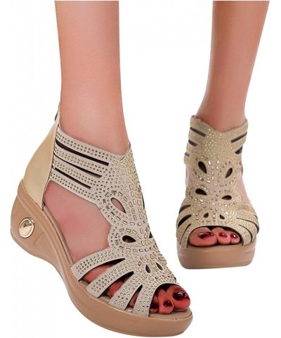 sparkly sandals for women Womens Sandals Rhinestone Hollow Peep Toe Small Wedge Zipper Roman Shoes Z 04-beige $13.07 Sandals