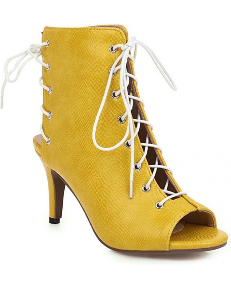 Women's Fashion Ankle Boots Sandals Peep Toe Chunky High Heel Sandals Bandage Ankle Boots Yellow $41.57 Sandals