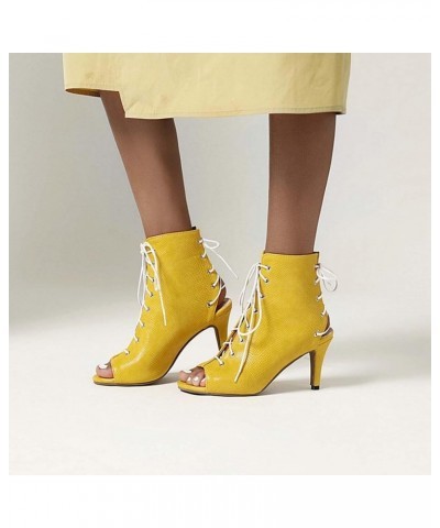 Women's Fashion Ankle Boots Sandals Peep Toe Chunky High Heel Sandals Bandage Ankle Boots Yellow $41.57 Sandals