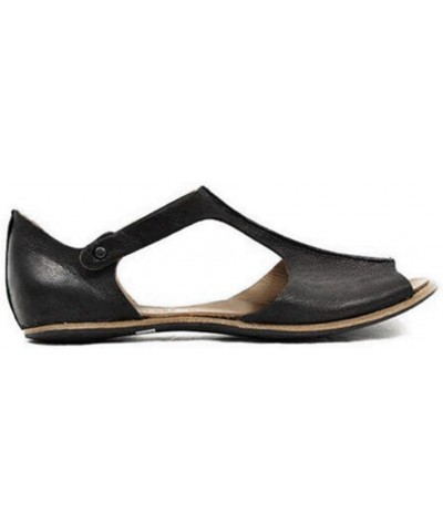 beach wedding sandal, Womens Plus Size Leather Solid Color Buckle Flat Hollow Sandals 02 Black $11.53 Sandals