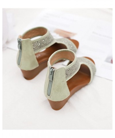 Back Zipper Wedge Heel 5cm Women's Sandals Summer Thick-Soled Bohemian Beach Shoes Green Green 9 $38.74 Outdoor Shoes