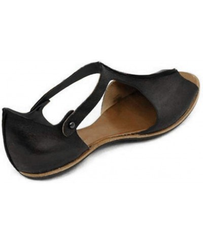 beach wedding sandal, Womens Plus Size Leather Solid Color Buckle Flat Hollow Sandals 02 Black $11.53 Sandals