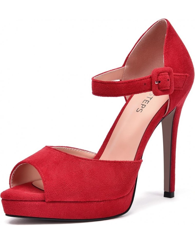 Womens Cute Peep Toe Suede Platform Solid Ankle Strap Evening Buckle Stiletto High Heel Pumps Shoes 4.7 Inch Red $35.25 Pumps