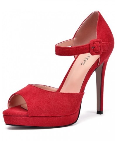 Womens Cute Peep Toe Suede Platform Solid Ankle Strap Evening Buckle Stiletto High Heel Pumps Shoes 4.7 Inch Red $35.25 Pumps