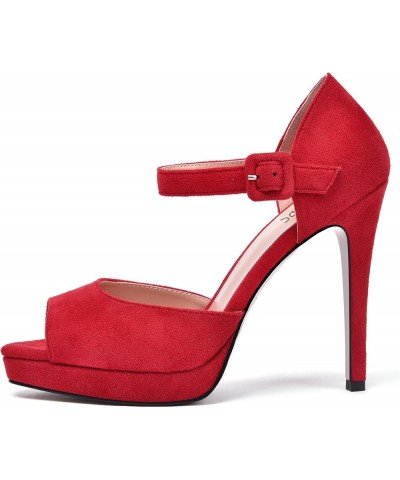 Womens Cute Peep Toe Suede Platform Solid Ankle Strap Evening Buckle Stiletto High Heel Pumps Shoes 4.7 Inch Red $35.25 Pumps