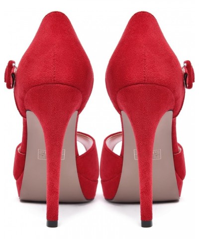 Womens Cute Peep Toe Suede Platform Solid Ankle Strap Evening Buckle Stiletto High Heel Pumps Shoes 4.7 Inch Red $35.25 Pumps