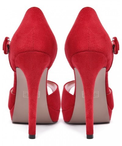 Womens Cute Peep Toe Suede Platform Solid Ankle Strap Evening Buckle Stiletto High Heel Pumps Shoes 4.7 Inch Red $35.25 Pumps