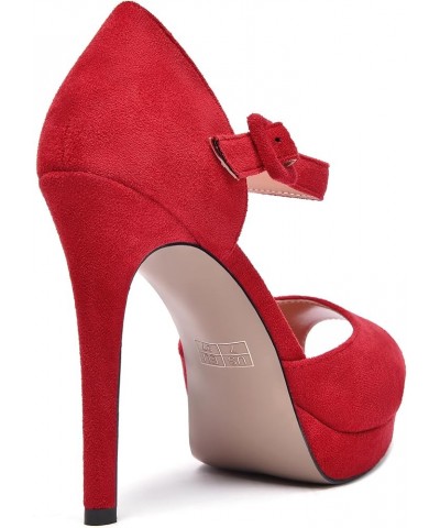 Womens Cute Peep Toe Suede Platform Solid Ankle Strap Evening Buckle Stiletto High Heel Pumps Shoes 4.7 Inch Red $35.25 Pumps