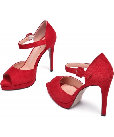 Womens Cute Peep Toe Suede Platform Solid Ankle Strap Evening Buckle Stiletto High Heel Pumps Shoes 4.7 Inch Red $35.25 Pumps