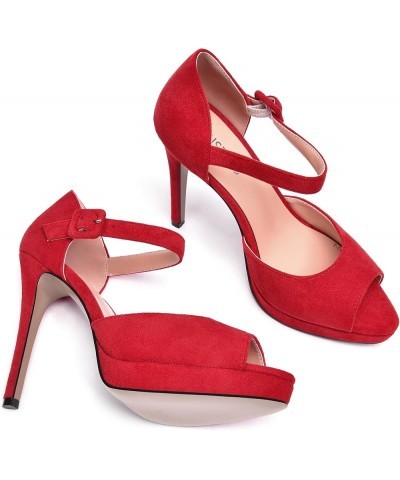 Womens Cute Peep Toe Suede Platform Solid Ankle Strap Evening Buckle Stiletto High Heel Pumps Shoes 4.7 Inch Red $35.25 Pumps