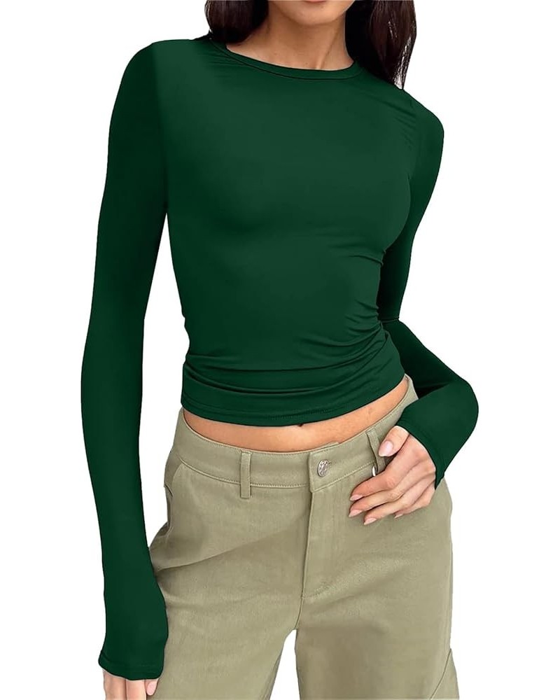 Women's Slim Tops Long Sleeve Round Neck Crop Top Tee Shirt Basic Solid Tight Slim Fit Long Fitted Shirts for Green $9.98 Ath...