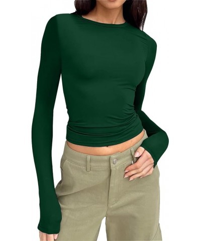 Women's Slim Tops Long Sleeve Round Neck Crop Top Tee Shirt Basic Solid Tight Slim Fit Long Fitted Shirts for Green $9.98 Ath...