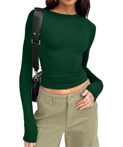 Women's Slim Tops Long Sleeve Round Neck Crop Top Tee Shirt Basic Solid Tight Slim Fit Long Fitted Shirts for Green $9.98 Ath...