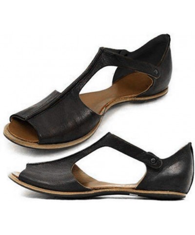 beach wedding sandal, Womens Plus Size Leather Solid Color Buckle Flat Hollow Sandals 02 Black $11.53 Sandals