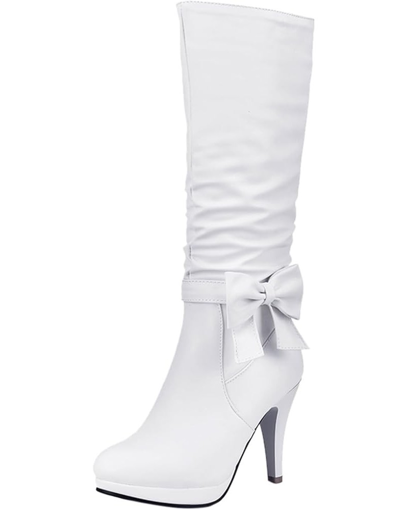 Boots for Women,Women's Knee High Heel Bowknot Chunky Heel Leather Western Boot Trendy Womens Riding Boots White $24.50 Outdo...