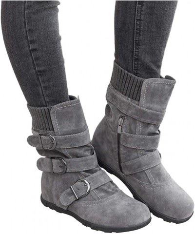 Women's Flat Heel Calf Boots Side Zipper Slouch Wide Calf Ankle Booties Fashion Round Toe Buckle Winter Booties Grey $24.69 B...