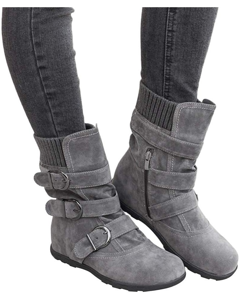 Women's Flat Heel Calf Boots Side Zipper Slouch Wide Calf Ankle Booties Fashion Round Toe Buckle Winter Booties Grey $24.69 B...