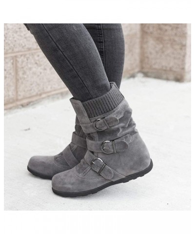 Women's Flat Heel Calf Boots Side Zipper Slouch Wide Calf Ankle Booties Fashion Round Toe Buckle Winter Booties Grey $24.69 B...