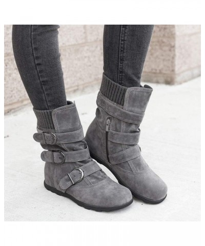 Women's Flat Heel Calf Boots Side Zipper Slouch Wide Calf Ankle Booties Fashion Round Toe Buckle Winter Booties Grey $24.69 B...