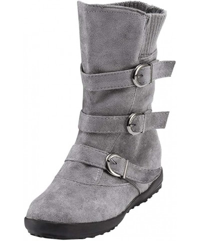 Women's Flat Heel Calf Boots Side Zipper Slouch Wide Calf Ankle Booties Fashion Round Toe Buckle Winter Booties Grey $24.69 B...