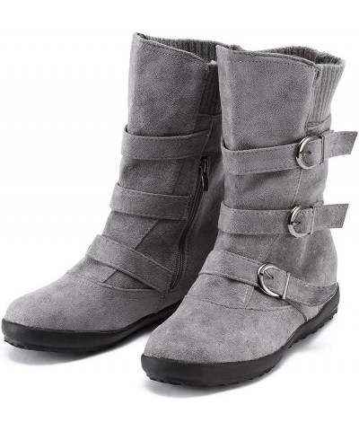 Women's Flat Heel Calf Boots Side Zipper Slouch Wide Calf Ankle Booties Fashion Round Toe Buckle Winter Booties Grey $24.69 B...