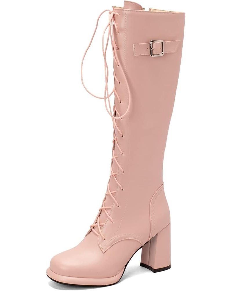 Women Lace Up Knee High Chunky Boots Platform Knee Length Boots Side Zip Tall Winter Shoes Pink $24.58 Boots