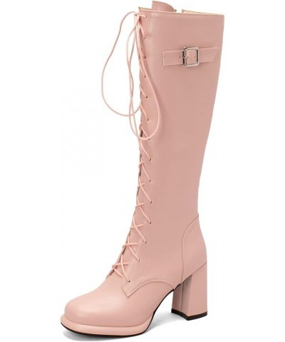 Women Lace Up Knee High Chunky Boots Platform Knee Length Boots Side Zip Tall Winter Shoes Pink $24.58 Boots