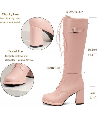 Women Lace Up Knee High Chunky Boots Platform Knee Length Boots Side Zip Tall Winter Shoes Pink $24.58 Boots