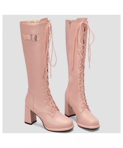 Women Lace Up Knee High Chunky Boots Platform Knee Length Boots Side Zip Tall Winter Shoes Pink $24.58 Boots