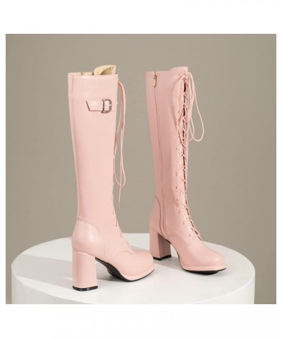 Women Lace Up Knee High Chunky Boots Platform Knee Length Boots Side Zip Tall Winter Shoes Pink $24.58 Boots