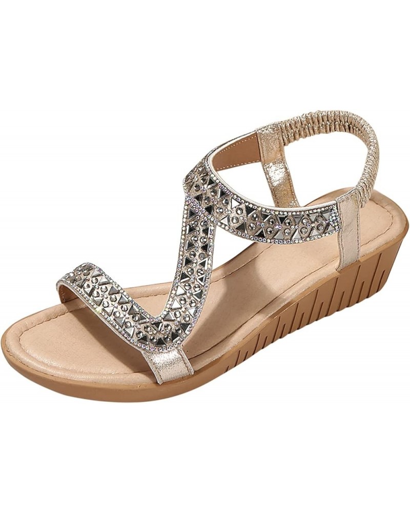 Ladies Ethnic Style Summer Rhinestone Decorative Slope Heel Thick Sole Fashion Sandals Wide Width Sandals for Gold 9 $19.07 S...