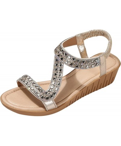 Ladies Ethnic Style Summer Rhinestone Decorative Slope Heel Thick Sole Fashion Sandals Wide Width Sandals for Gold 9 $19.07 S...