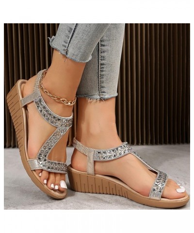 Ladies Ethnic Style Summer Rhinestone Decorative Slope Heel Thick Sole Fashion Sandals Wide Width Sandals for Gold 9 $19.07 S...