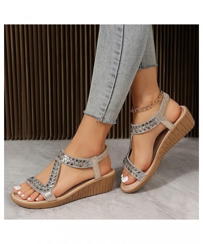 Ladies Ethnic Style Summer Rhinestone Decorative Slope Heel Thick Sole Fashion Sandals Wide Width Sandals for Gold 9 $19.07 S...