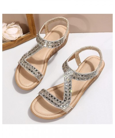 Ladies Ethnic Style Summer Rhinestone Decorative Slope Heel Thick Sole Fashion Sandals Wide Width Sandals for Gold 9 $19.07 S...