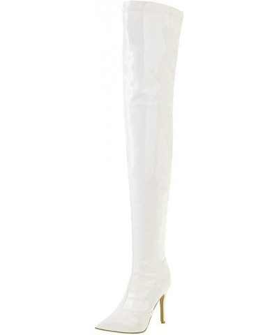 Women's Thigh High Patent High Heel Stiletto Over The Knee Boots Pointed Toe Boots Shoes White $40.63 Boots