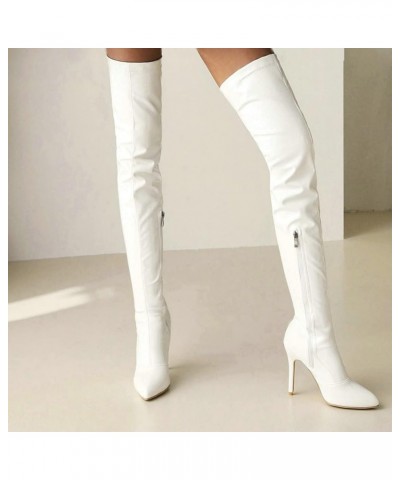 Women's Thigh High Patent High Heel Stiletto Over The Knee Boots Pointed Toe Boots Shoes White $40.63 Boots