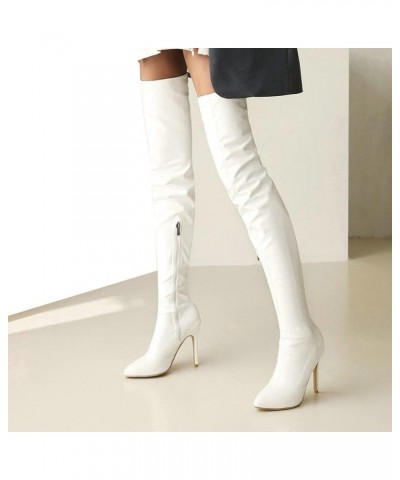 Women's Thigh High Patent High Heel Stiletto Over The Knee Boots Pointed Toe Boots Shoes White $40.63 Boots