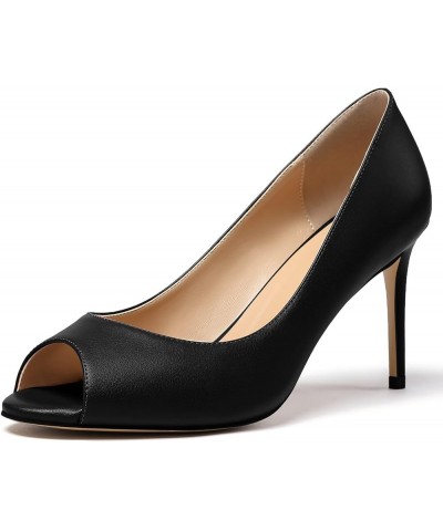 Women Peep Toe Pumps Mid-Heel Pumps Formal Wedding Bridal Classic Heel Open Toe Stiletto Matte Black $24.00 Pumps