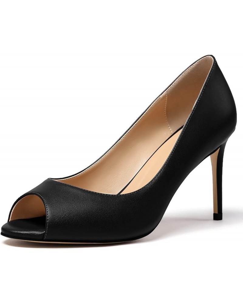 Women Peep Toe Pumps Mid-Heel Pumps Formal Wedding Bridal Classic Heel Open Toe Stiletto Matte Black $24.00 Pumps