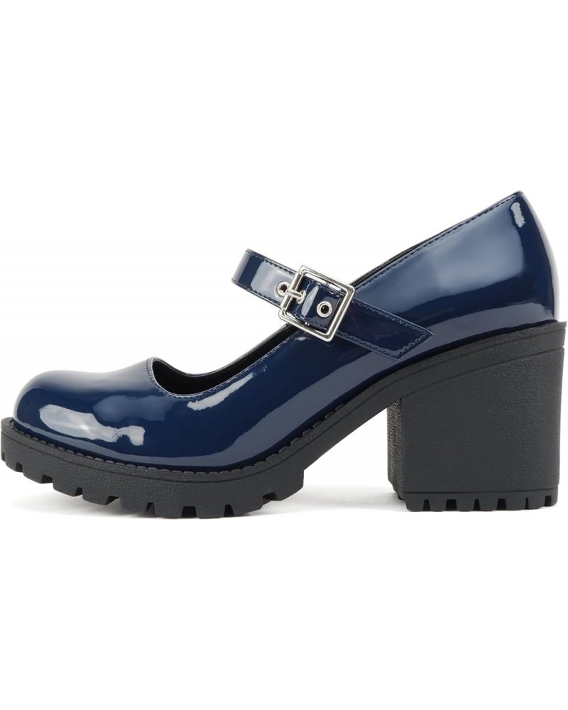 Eviana" ~ Women Mary Jane Round Toe Mid Chunky Block Heel Lug Sole Pump with Adjustable Strap Navy Patent $17.84 Pumps