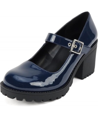 Eviana" ~ Women Mary Jane Round Toe Mid Chunky Block Heel Lug Sole Pump with Adjustable Strap Navy Patent $17.84 Pumps